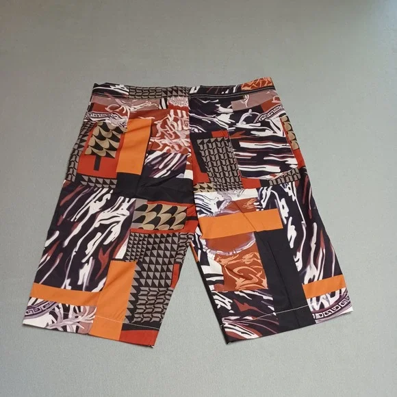 Mens Geometric Abstract Print 2 Piece Set Orange Black White Tunic and Shorts - Picture 11 of 13